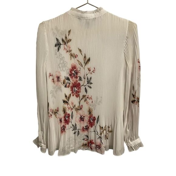 White House Black Market Floral Pleated High Collar Blouse Size 2 - Picture 6 of 8